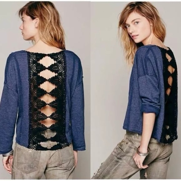 Free People Victorian Lace Crochet Sweater Pullover Oversized Sweatshirt MED - Picture 11 of 11